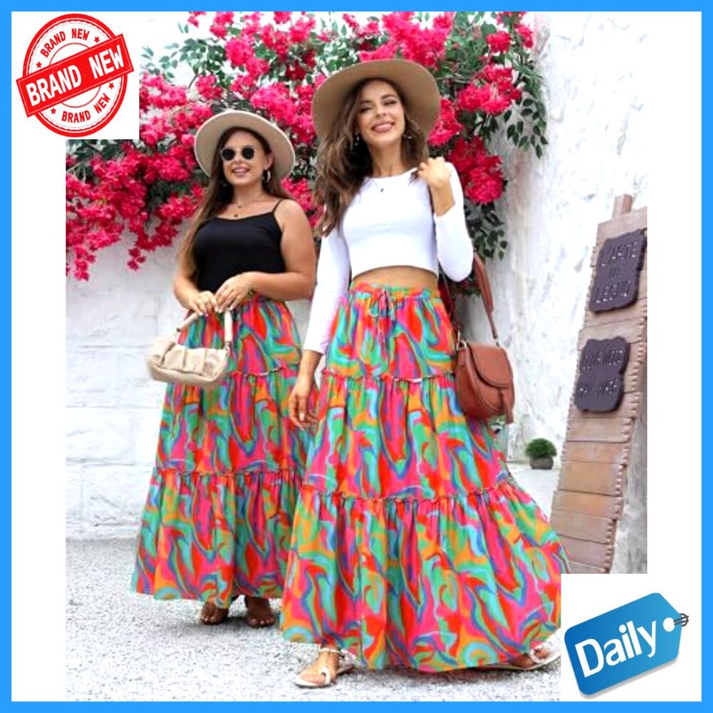 Maxi Skirt with Pockets High Waist Flowy Long Boho Casual Beach Vacation - Picture 3 of 7